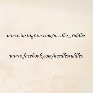 May include: Text on a white background with the website addresses www.instagram.com/needles_riddles and www.facebook.com/needlesriddles.