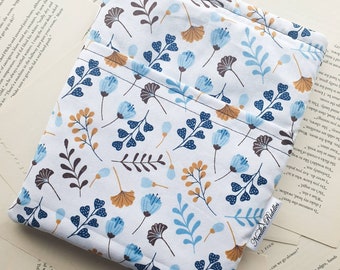 Book Sleeve with Pocket, Book Jacket, Kindle Sleeve, Bookmark Sleeve, Switch Sleeve Wildflowers Blue
