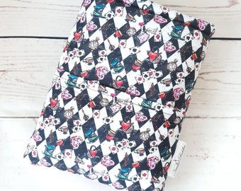 Padded Book Sleeve with Front Pocket - Fabric Book Protector for Hardcovers and Paperbacks and Kindle - Alice Design For Book Lovers