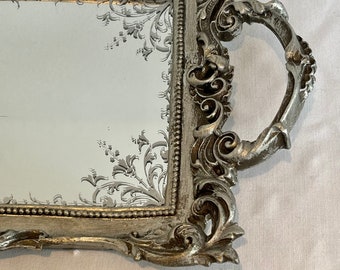 Pretty vintage style decorative mirrored tray with silver carved wood makeup tray perfume tray tea tray unique gift