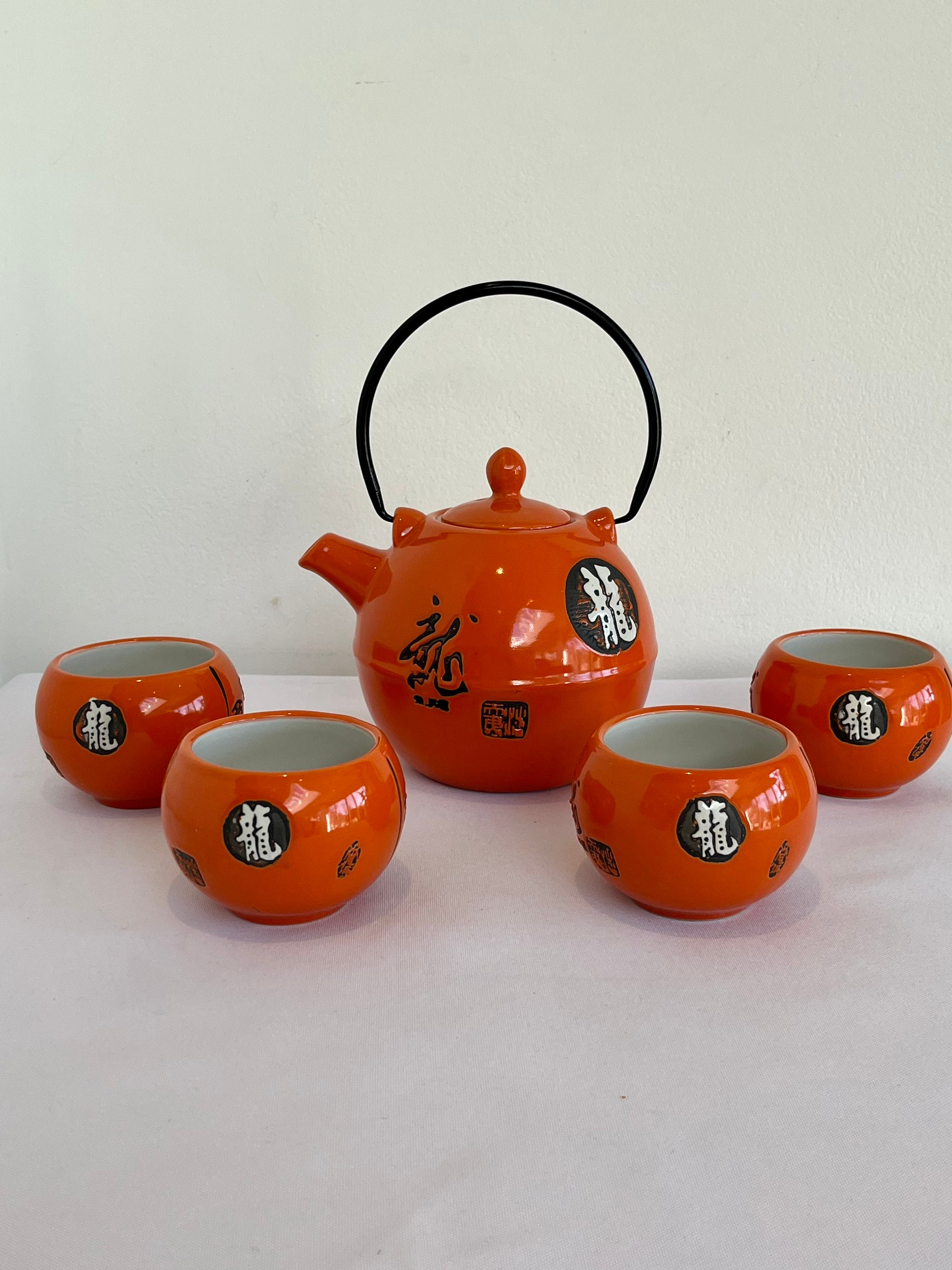 Bright orange ceramic Chinese tea pot and four tea cups china tea tea gift well being gift green tea gift mint tea gift tea gift