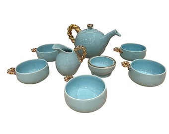 8 piece vintage duck egg blue and gold rope design tea set vintage tea set tea lovers gift vintage gift