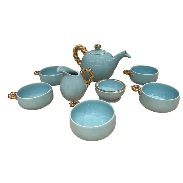 8 piece vintage duck egg blue and gold rope design tea set vintage tea set tea lovers gift vintage gift