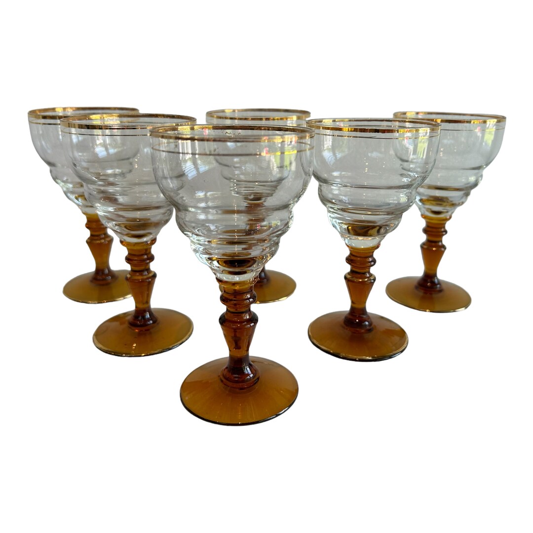 SIX VINTAGE AMBER STEMMED SHERRY /PORT GLASSES - A Pretty Penny