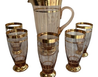 Ensemble de 6 pièces de limonade décorée d'or vintage des années 190, carafe en verre carafe en verre, jardin d'été, verrerie vintage