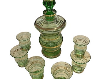 Vintage Art Deco green gold glass decanter set with 6 glasses whisky decanter brandy decanter sherry decanter Art Deco gift