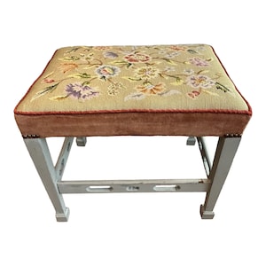 Vintage country style painted grey wooden stool with hand made floral tapestry to the top needlework stool foot stool