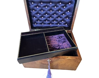 Antique Victorian circa 1880 black lacquer pearl stud velvet two layer lockable jewellery box antique jewellery antique box gift for wife