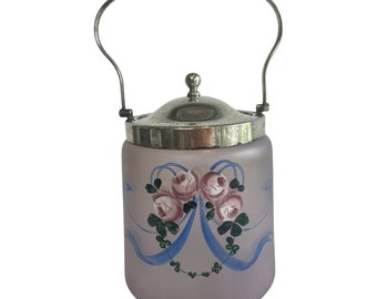 Vintage Art Deco 1930s decorative silver plate lidded and frosted pink  glass handed painted  biscuit barrel vintage gift vintage glass