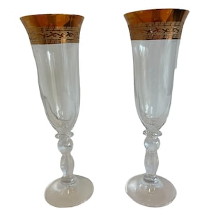 Pair of vintage crystal champagne glasses with gold Greek key detail champagne flutes champagne gift wedding gift Christmas champagne gift