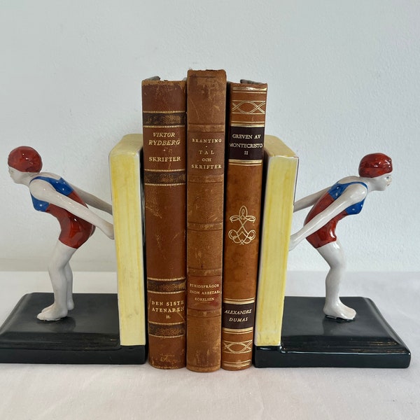 Pair porcelain vintage Art Deco style bathing ladies bookends vintage bookends shelf tidies book lovers gift