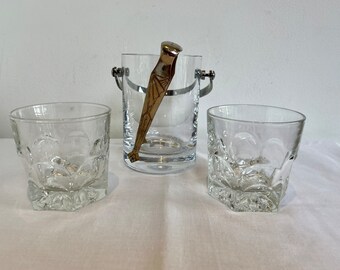 Vintage glass ice bucket with whisky glasses and silver Art Deco ice tongs whisky gift set man cave gift vintage bar ware
