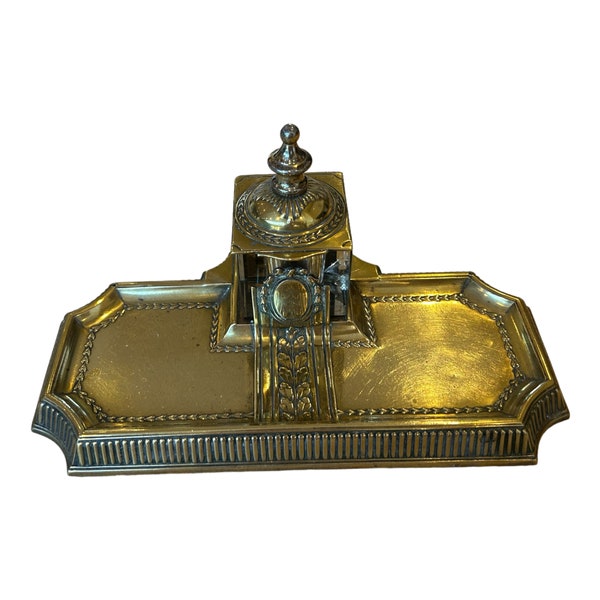 Art Deco 1920s gold brass and crystal inkwell desk tidy office gift art deco gift unique gift