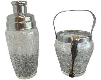 Vintage Art Deco style crackled glass ice bucket cocktail shaker and silver ice tongs cocktail set vintage bar ware vintage gift
