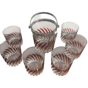 Vintage French Luminac cut glass burgundy stripe ice bucket with 6 tumbler glasses vintage whisky drinking set vintage bar gift whisky gift