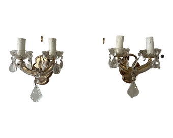 Pair vintage two branch gold and crystal two branch wall lights gold wall sconces hall lights lounge lights