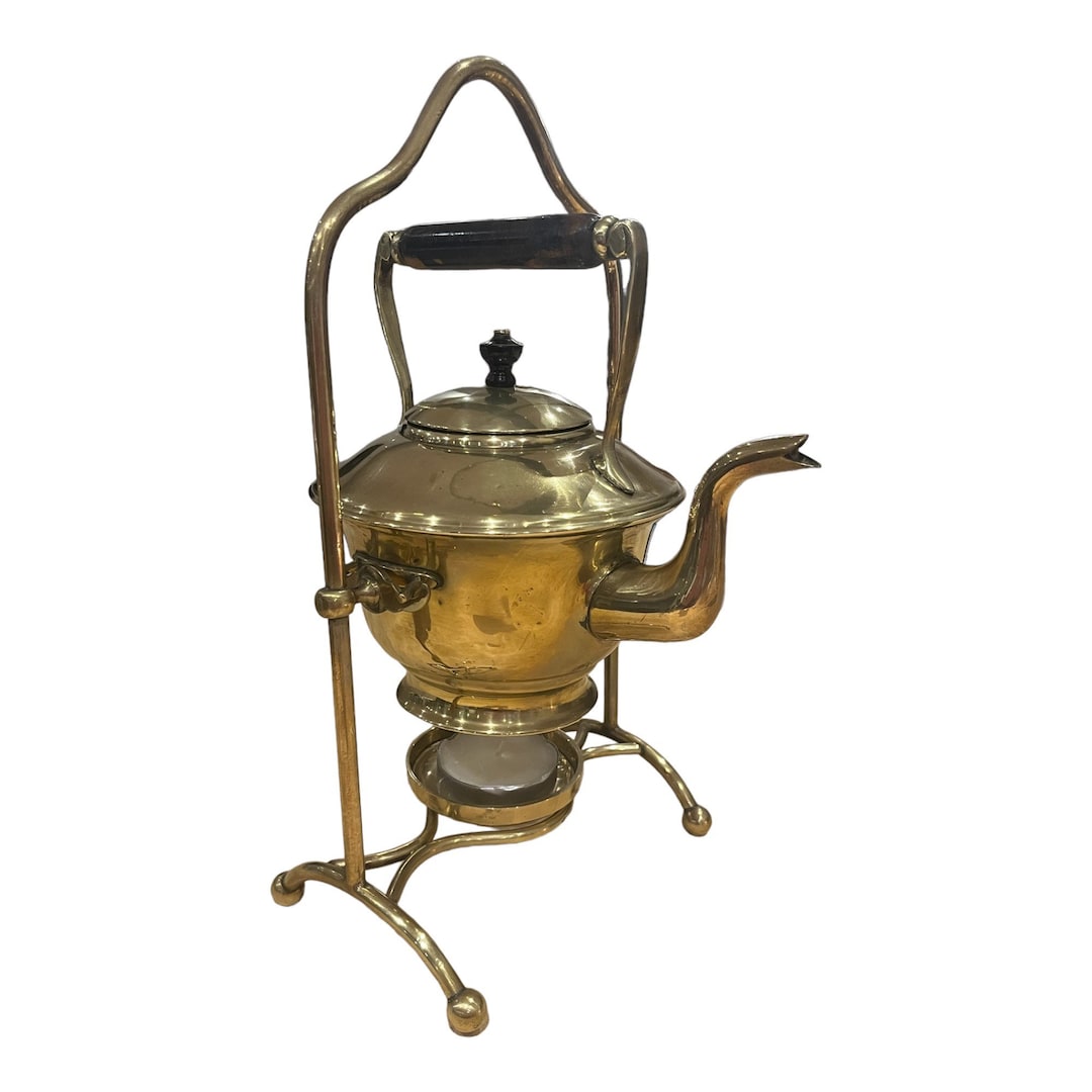 Vintage Brass Kettle or Tea Pot on a Stand With Burner Plate Vintage Tea Gift Brass Gift Herbal Tea Gift Gift for Her