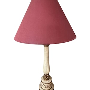 Vintage French cream porcelain Corinthian column table lamp with hand painted gold decoration and pink lamp shade side lamp lounge light