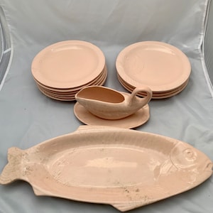 Vintage Belgium pink porcelain fish platter serving set