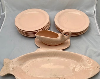 Vintage Belgium pink porcelain fish platter serving set