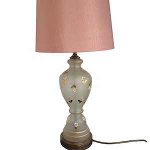 Antique Art Deco glass opaline table lamp with gold flowers and pink lamp shade vintage light antique lamp bedroom lamp
