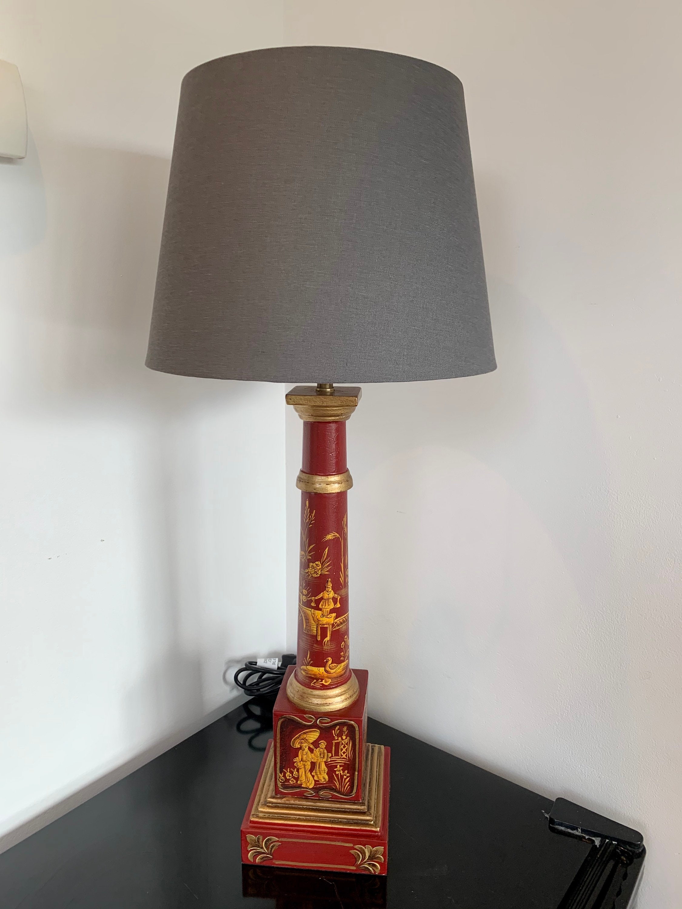 Vintage Style Hand Painted Red Toleware Chinoiserie Table Lamp