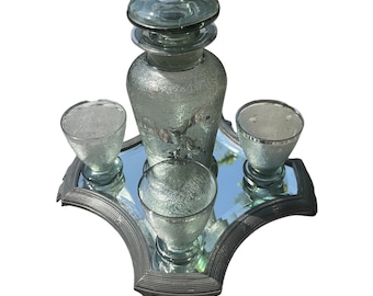 Vintage French Art Deco circa 1930 grey crackled glass whisky Diana the Huntress decanter with matching tumblers on glass pewter tray