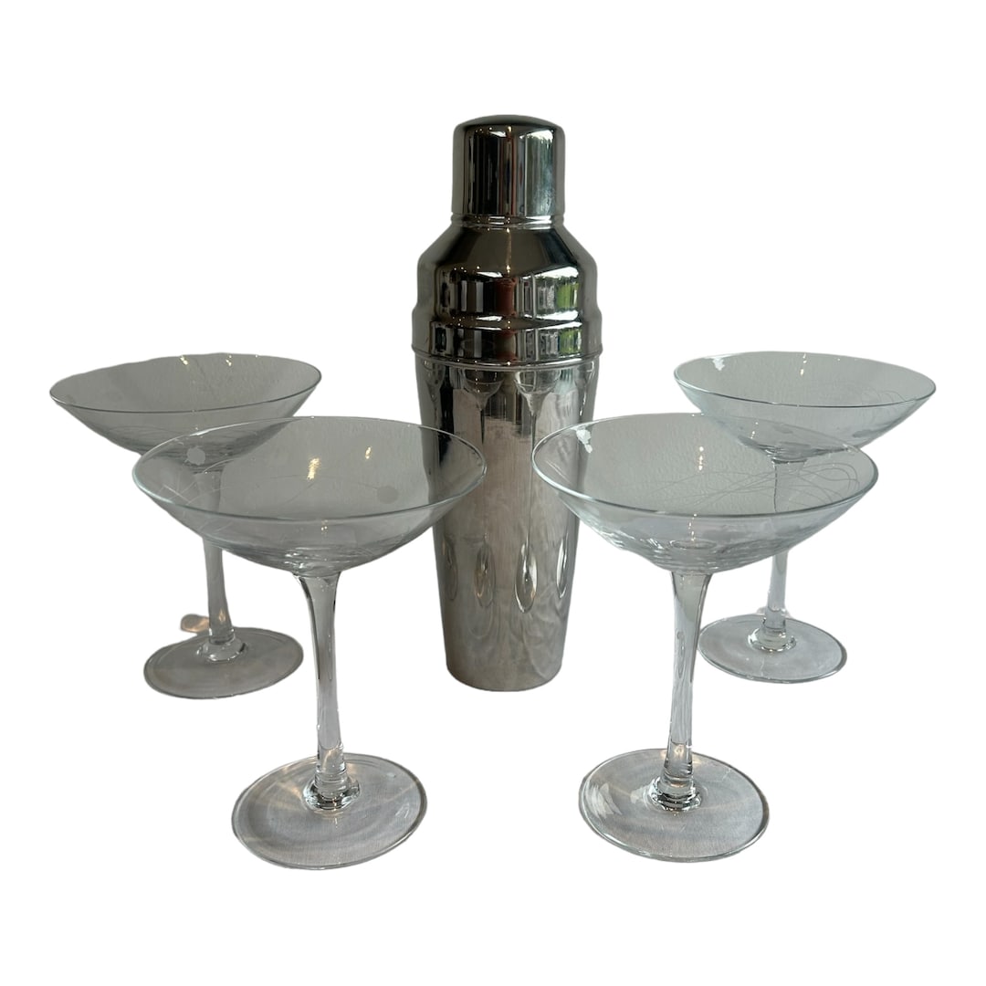 Extra Large Vintage Cocktail Silver Cocktail Shaker and 4 Martini
