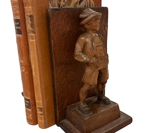 Pair antique hand carved wood Flemish girl and boy bookends shelf tidies antique gift book lovers gift vintage gift bookworm gift