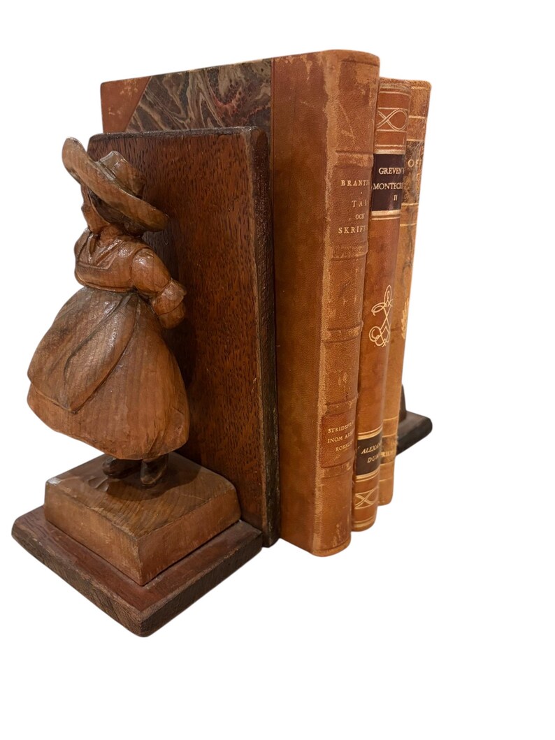 Pair Antique Hand Carved Wood Flemish Girl and Boy Bookends Shelf ...