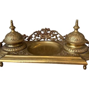 Vintage brass ornate double ink well writers gift office gift inkwell vintage gift