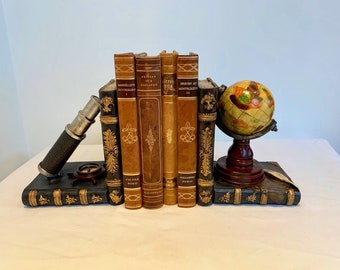 Pair vintage style globe and telescope bookends book storage bookworm gift office gift shelf tidies