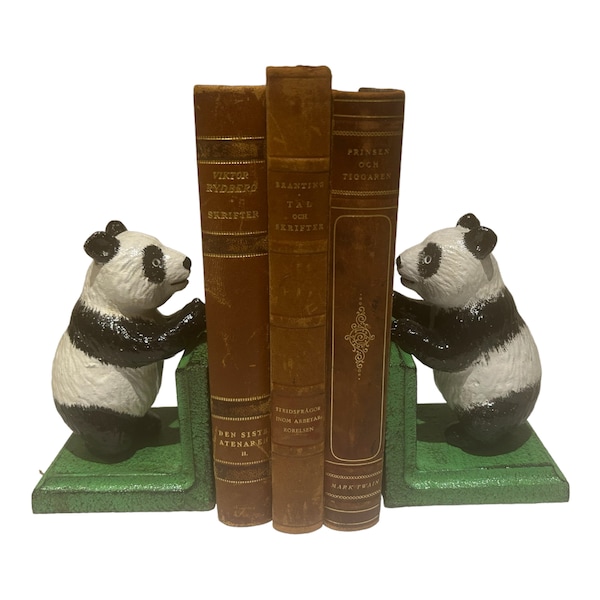 Pair cast iron panda bookends shelf tidies book gift bookworm gift birthday gift vintage gift cast iron gift