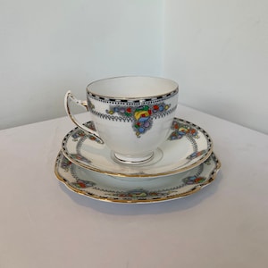 Cadeau vintage Art déco Royal Albion China trio tasse à thé et assiette à thé et biscuit