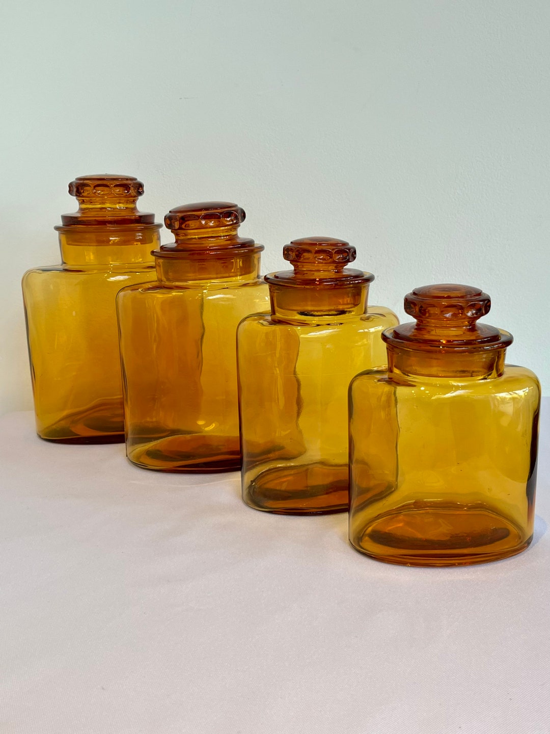 Set of 4 Vintage Retro Amber Glass Kitchen Storage Jars Kitchen