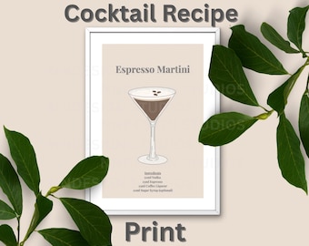 Espresso Martini Recipe Print: Minimalist Bar Cart Decor, Kitchen Wall Art