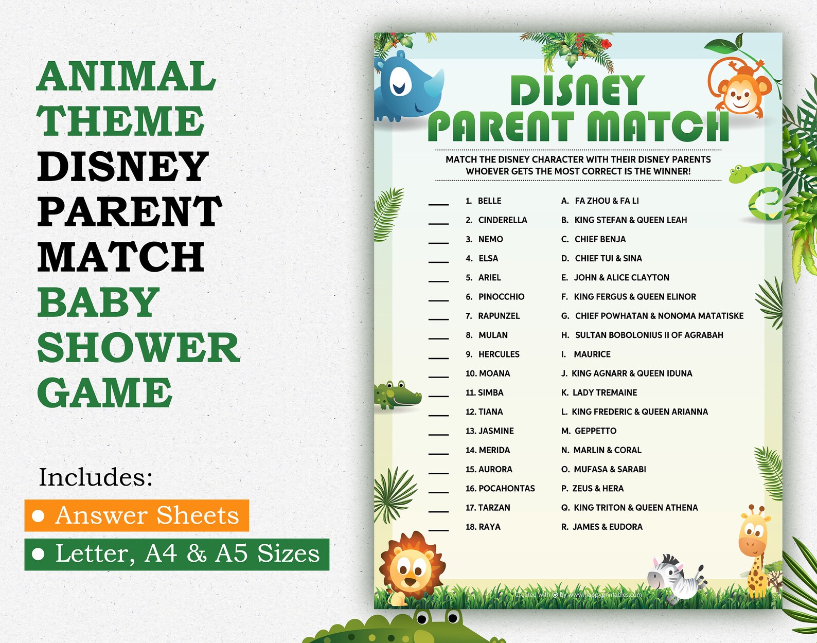 Disney Parent Match Animal Themed Baby Shower Game Woodland Etsy