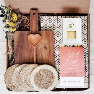 Handmade Charcuterie Gift Box - Wood Serving Board, Tea & Artisan Crackers, Coasters, Tea Towel Rectangular Board