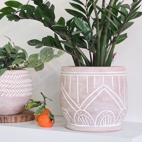 Hand Etched Terracotta Pot and Planter • Garden Pot • Plant Pot, Succulent Pot, Handmade Pottery, Plant Mom, Mothers Day Gifts