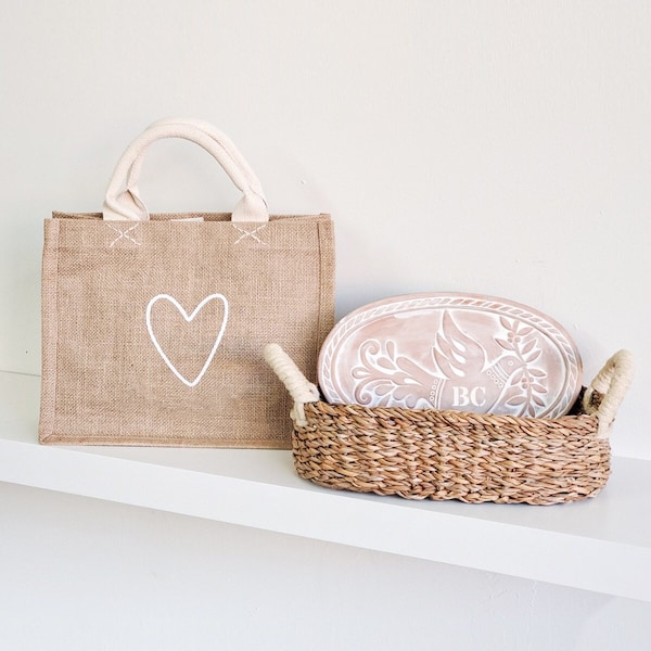 Monogram Unique Handmade Gift For Mom With Jute Gift Tote Bag Gift For Housewarming- Bread Warmer Warming Stone Wicker Basket [Bird Oval]