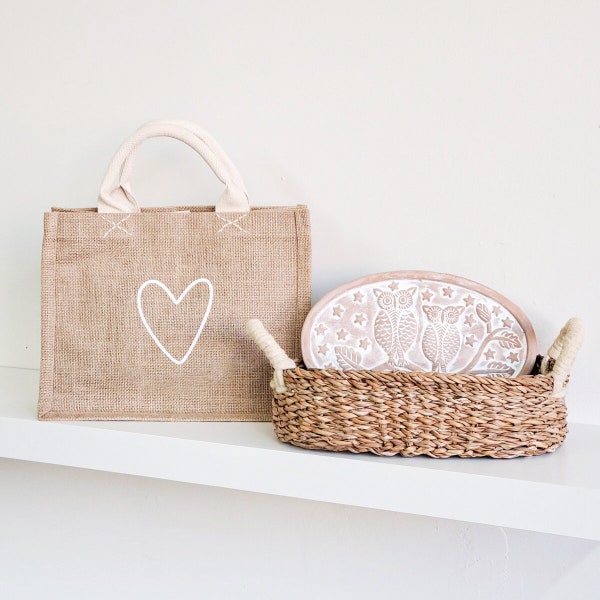 Unique Handmade Gift For Her With Jute Burlap Gift Tote Bag Gift For Housewarming - Bread Warmer Warming Stone & Wicker Basket [Owl Oval]