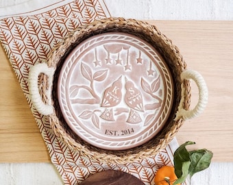 Personalized Bread Warmer Set: Terracotta Stone & Seagrass Basket, Tea Towel-Light Brown