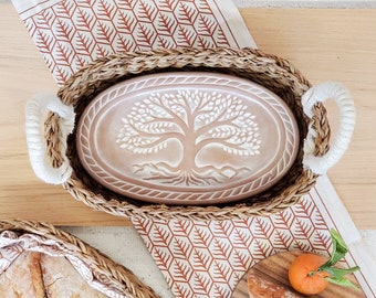 Housewarming Gift Handmade New Home Gift Unique Wedding Gift Hostess Gift Baking Bread Warmer Ceramic Warming Stone Wicker Basket [TREE/OV]