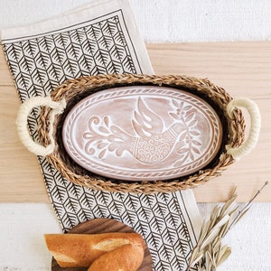 Housewarming Gift Handmade New Home Gift Unique Wedding Gift For Her Bread Warmer Ceramic Warming Stone Basket With Tea Towel [Bird/OV-T]