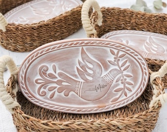 Wedding Gift Handmade New Home Gift Personalized Anniversary Gift Housewarming Gift Bread Warmer Ceramic Warming Stone Basket [Bird-Oval-P]