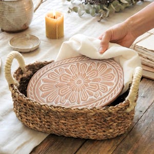 Handmade Bread Warmer Set - Oval Flower Terracotta Warming Stone, Seagrass Basket