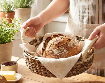 Handwoven Seagrass Bread Basket Serving Tray - Round Wicker Storage Basket