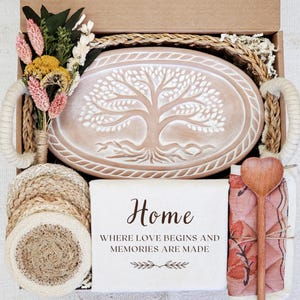 Unique "Home" Gift Box for New Home Housewarming Hostess Gift Kitchen Gift -Handmade Bread Warmer, Tea Towel and Pot Holder Set [GB-OV-HOME]