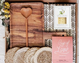 Hostess Gift Box - Charcuterie Wood Serving Board Set, Tea & Artisan Crackers, Coasters, Tea Towel