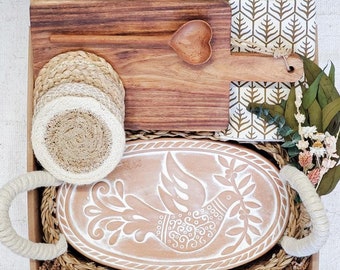Handmade Bread Warmer Gift Box - Terracotta Stone & Seagrass Basket, Wood Board, Tea Towel-Dark Brown